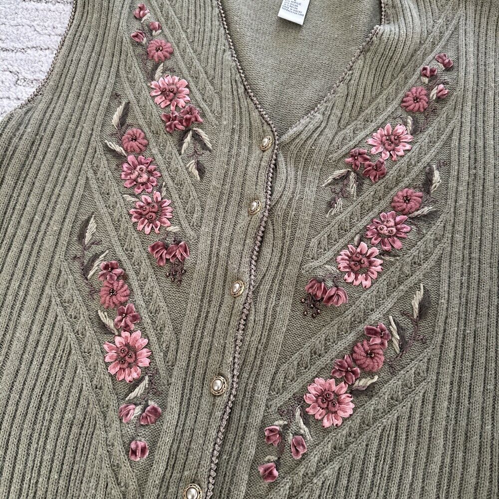 Koret Vintage Sweater Vest Women’s Size Large Green Flower Floral Acrylic Nylon - Picture 10 of 14